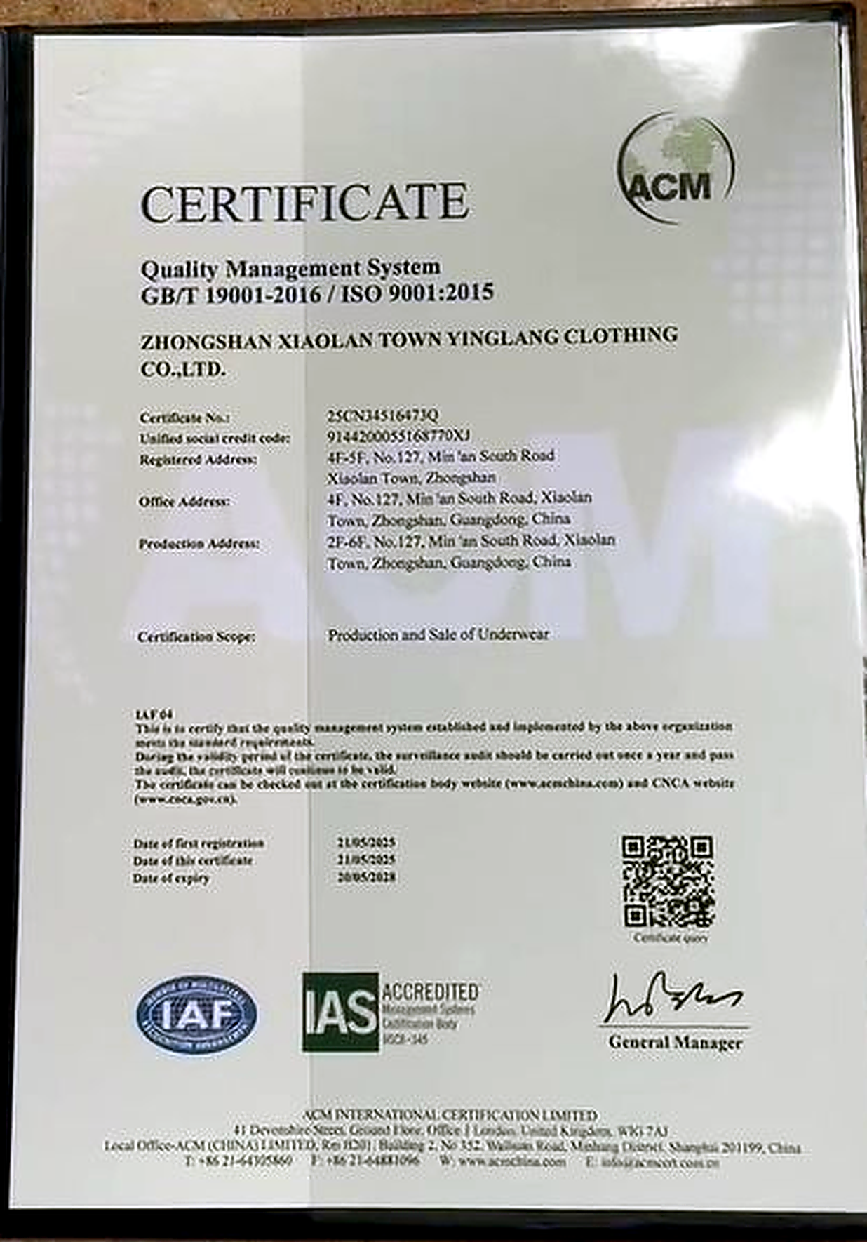 ISO 9001:2015 quality management system certificate